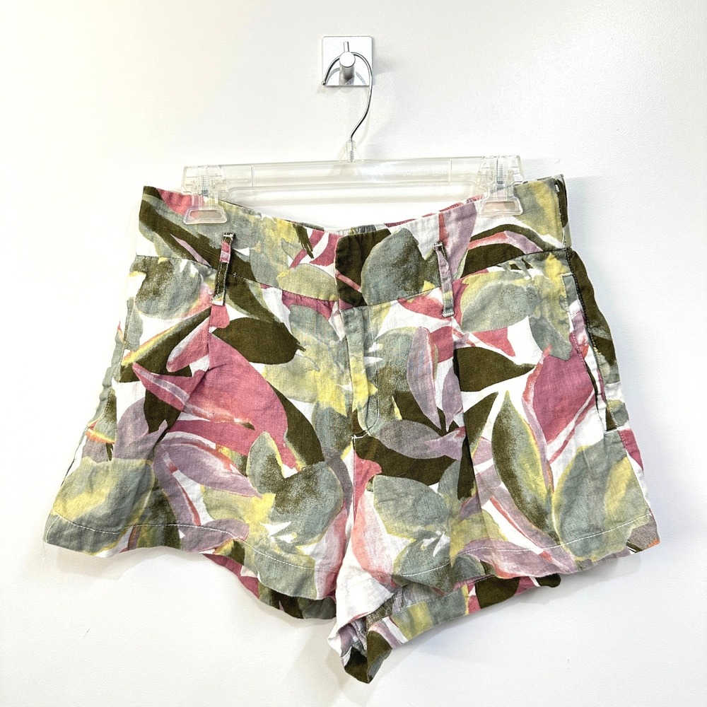 Tahari 100% Linen Tropical Leaf High Waist Shorts L Pockets Tomato Girl